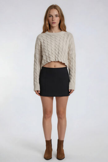 Örgü Detaylı Crop Triko Kazak