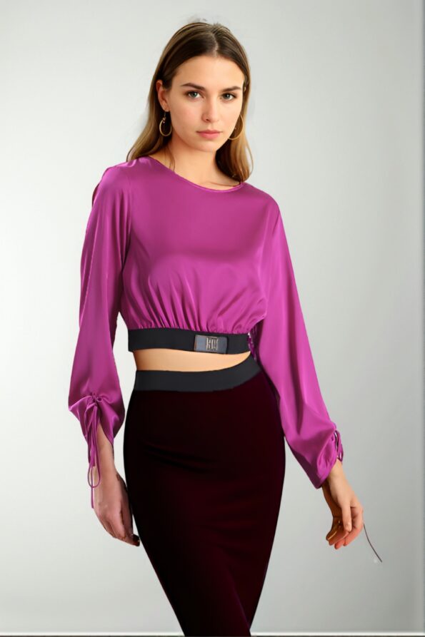 K.Fuşya Beli Lastikli Saten Crop Bluz A0122K175760001